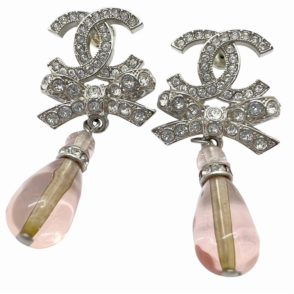 CHANEL CC Ribbon Earrings, Rhinestone Drop Silver, Pink, Women's